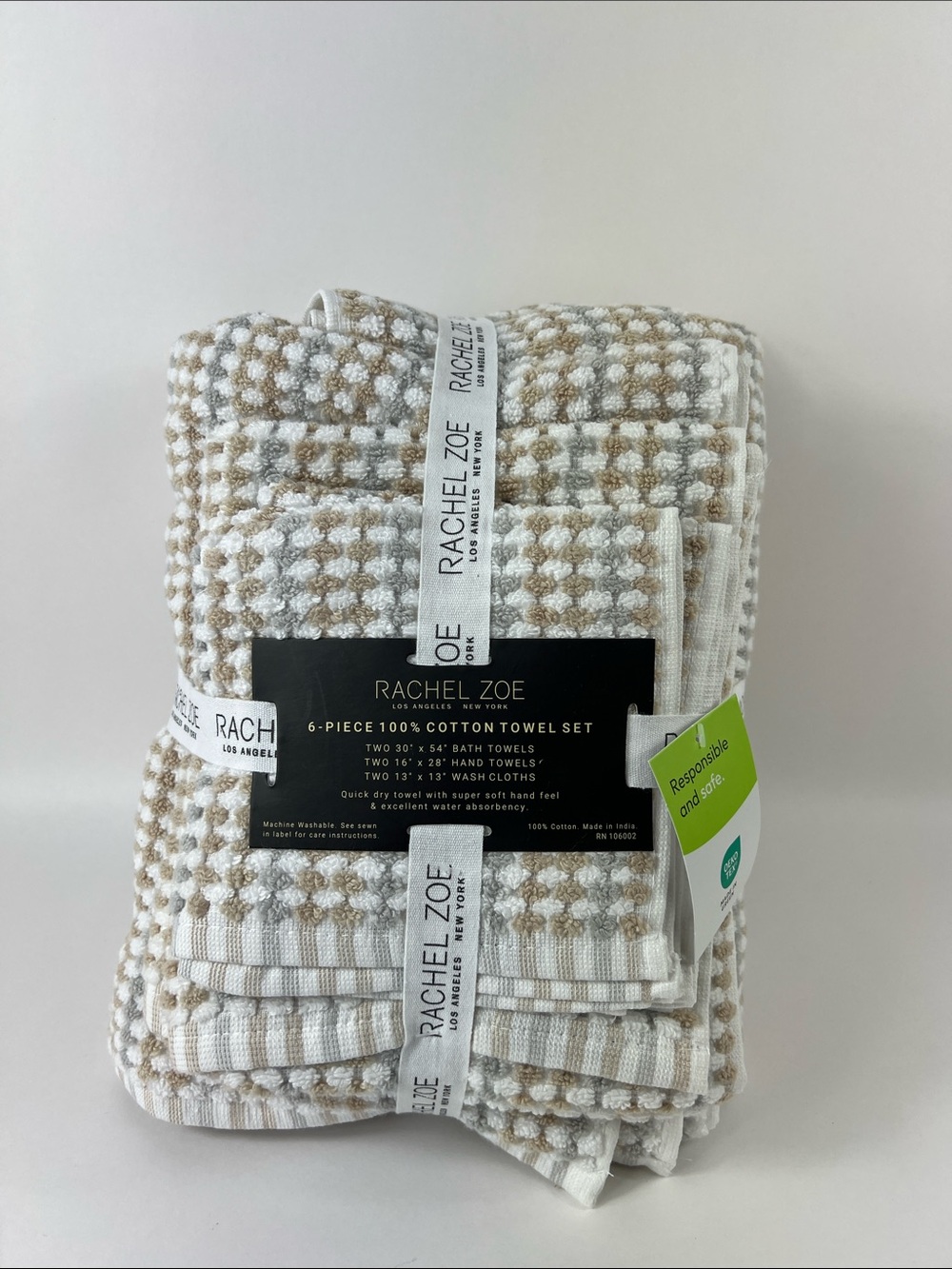 Rachel Zoe Bath Towel Set Grey Tan White Waffle Soft 100% Cotton 6 Pc NEW
